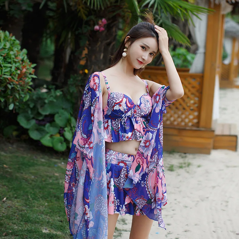 

Bathing Suit Women's Bikini Three-piece Set South Korea Large Size Size Chest Underwire Push up Belly Covering Slimming Split Ty