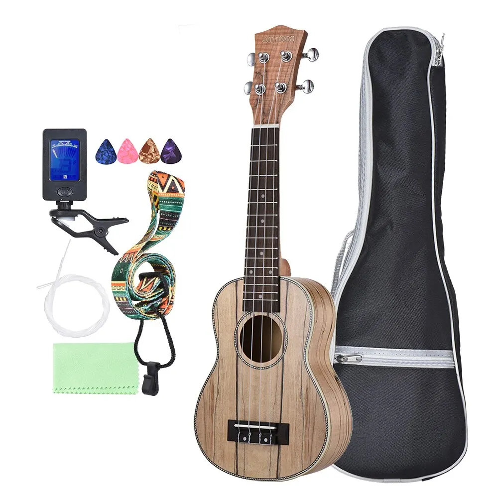 Ammoon сопрано Ukelele 21 дюймов Spalted клен корпус палисандр гриф Гавайская укулеле набор с тюнером мешок Ткань для очистки