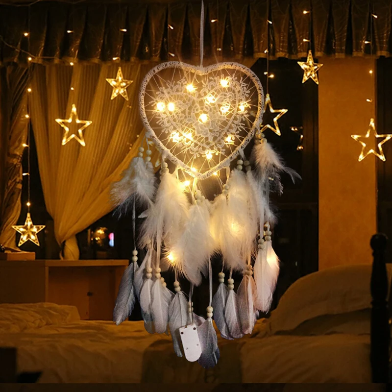 Светодиодный светильник Ловец снов с перьями любовь сердце ночник домашний прикроватный настенный, для дома вечерние украшение для свадьбы подарок - Цвет: Белый
