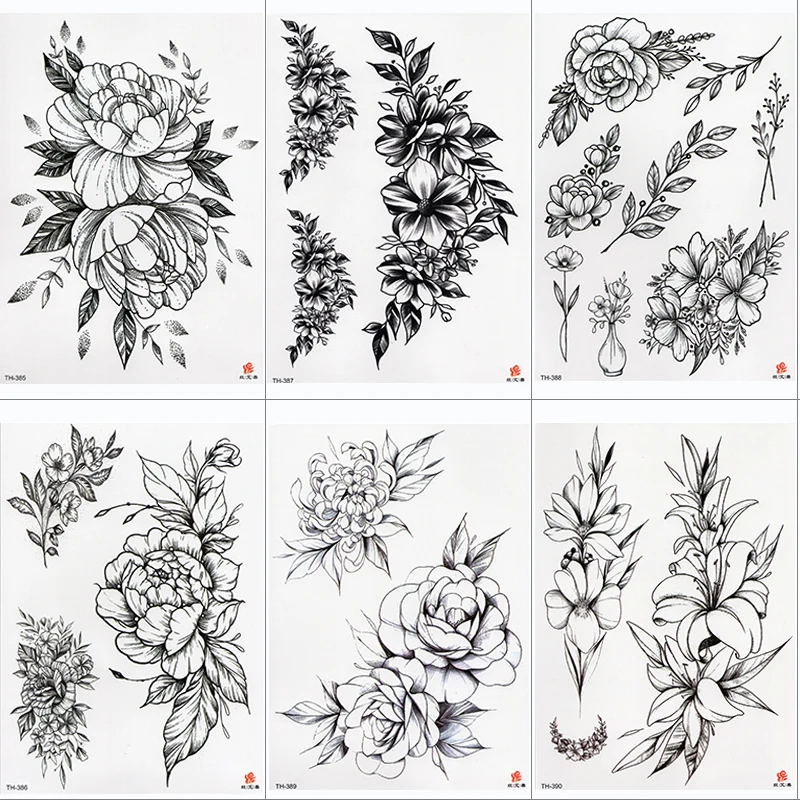 Rose Peony Flower Girls Temporary Tattoos For Women Waterproof Black Tattoo Stickers 3D Blossom Lady Shoulder DIY Tatoos