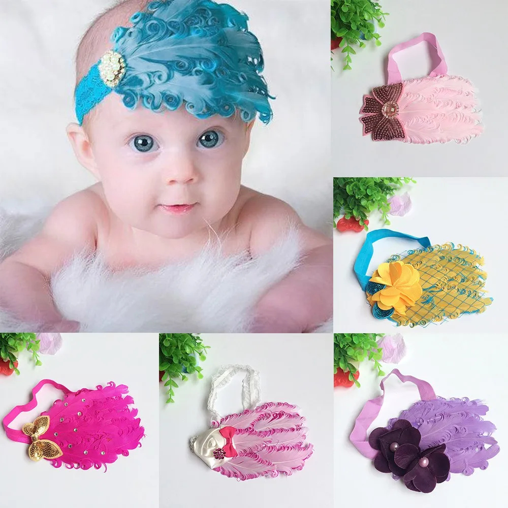 

TELOTUNY Baby Girls Newborn Headwear Baby Flower Bow Feather Headband Feather Baby Headband Girl Hairbands Bow Hair Headbands