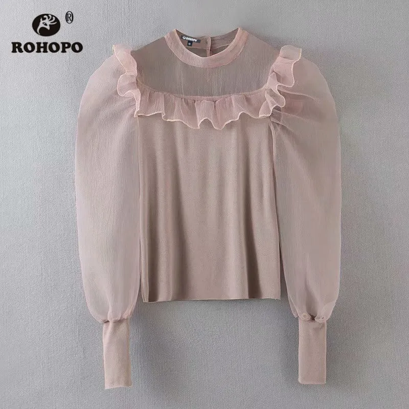 ROHOPO круглый воротник хаки Тюль Блузка гофрированный Shouler Puff длинный рукав Джерси тело твердые дамы полупрозрачный Блуза#2368