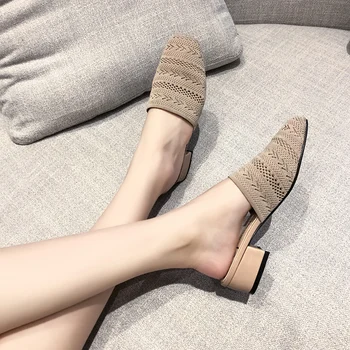 

Med Shoes Woman 2020 Flock Woman's Slippers Luxury Slides Shallow Cover Toe Square heel New Designer Block Soft PU Spring Basic