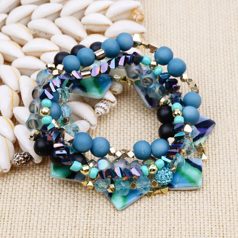 Dainty Ethnic Jewelry Boho Crystal Abalone Shells Charm Bracelets Set Women Geometric Accessory Red Blue Style Bracelet BCSET295