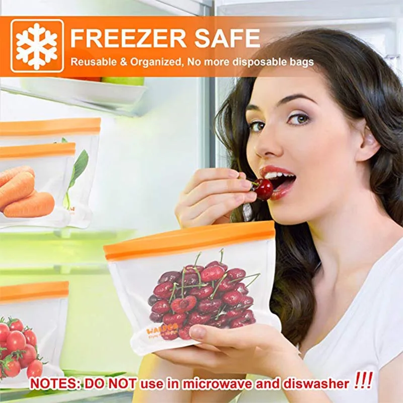 Walfos Food Storage Bag Reusable Freezer Bag Ziplock Bag Leakproof Top Silicone Bag Zero Waste Kitchen Organizer FDA BPA Free