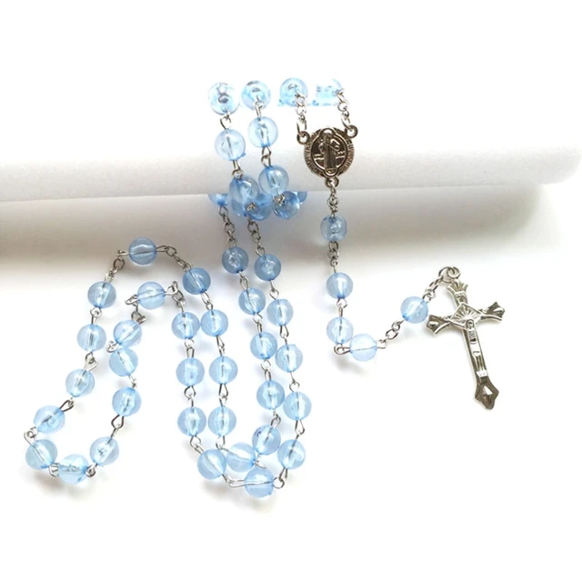 Katholischen Rosenkranz Kleine Größe Runde Blau Glas Perlen Jungfrau Maria  Jesus Halskette Frauen - AliExpress