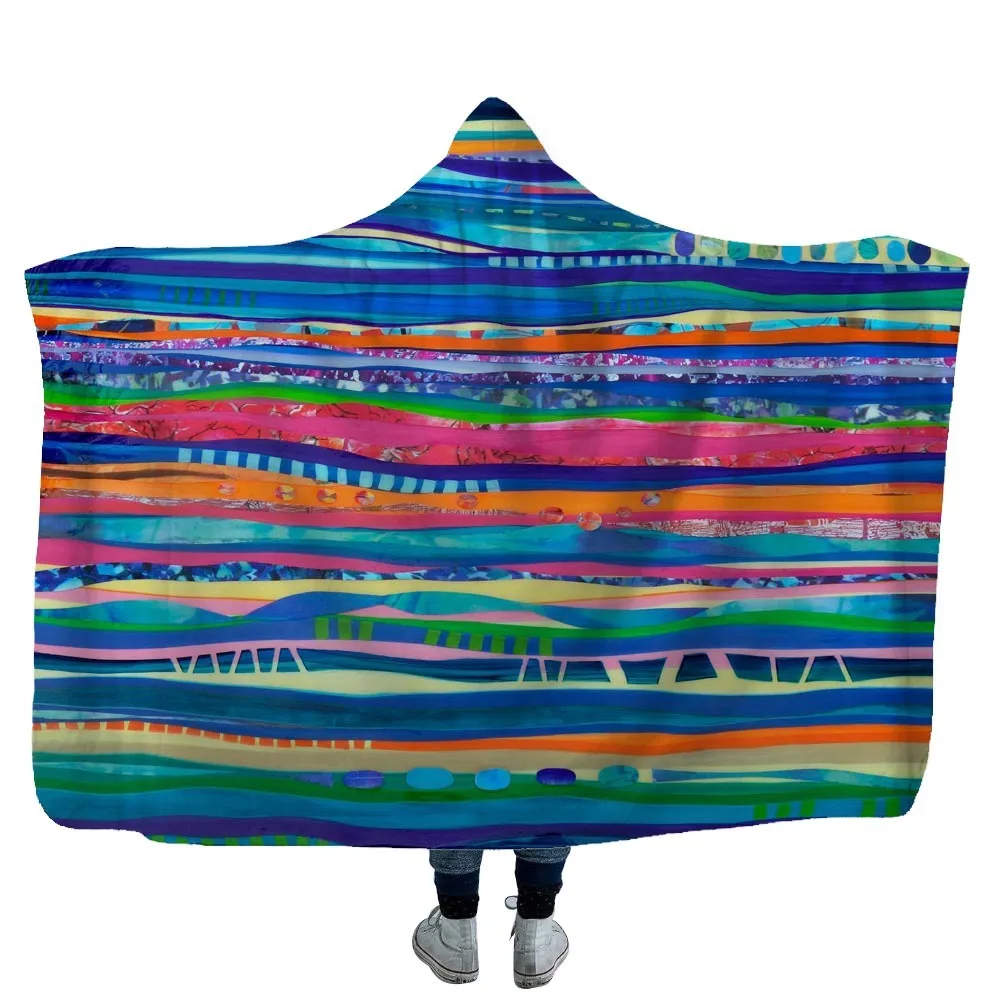 

Bohemia Hooded Blanket Colorful Stripe Printed Sherpa Fleece Blanket For Adults Childs Wearable Throw Blanket For Home Travel