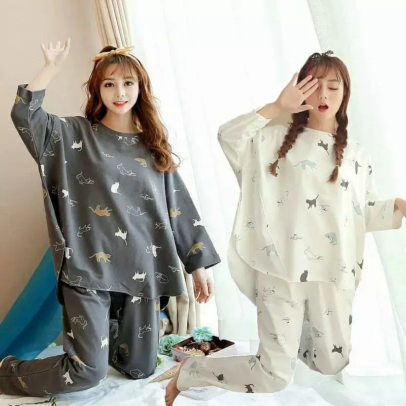 

Spring And Autumn Cartoon Cute san color cat Long Sleeve Women Pajamas Qmilch Set Loose-Fit Home Wear a Set of from the Grant