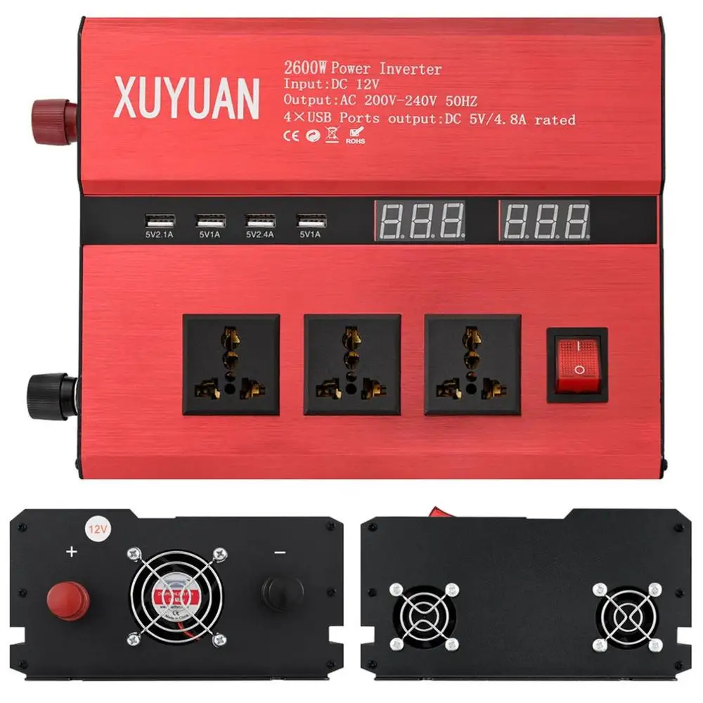 

Peak 3000W Dual LED diaplay Car Power Inverter Converter Charger Adapter Modified Sine Wave with 4 USB Port & 3 Plug