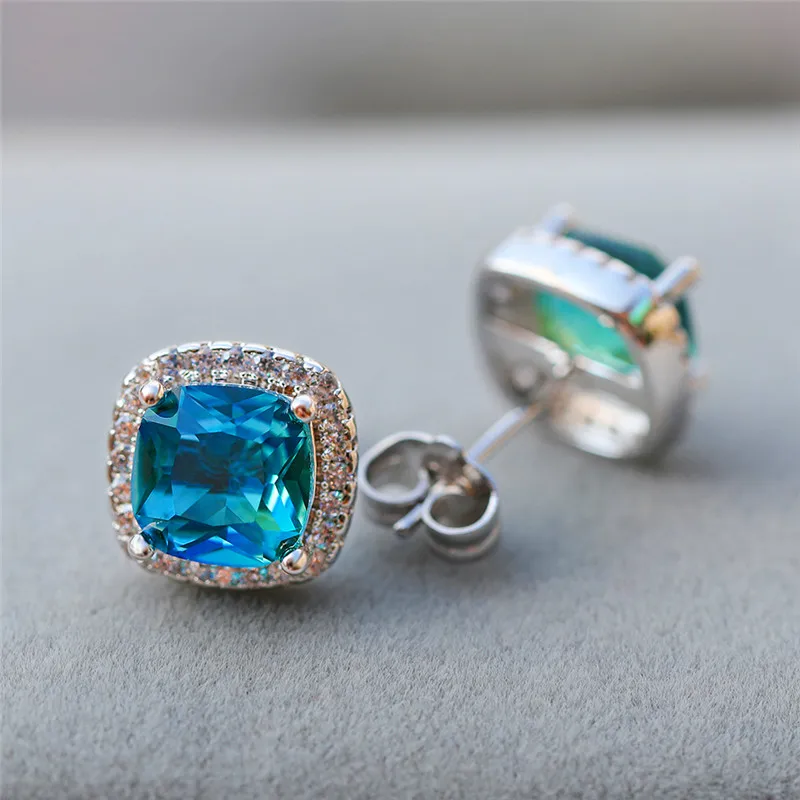 Eleganti orecchini quadrati femminili in pietra blu orecchini da sposa in zircone carino orecchini a bottone semplici in oro rosa per donna  36