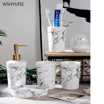 

Household Products Hotel Bathroom Products Ceramic Hand Sanitizer Shampoo Bottle Marble Pattern Ceramic Bathroom Set Gift