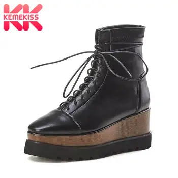 

KemeKiss Ankle Boots For Women Brand New Winter Punk Shoes Women Casual Lace Up Thick Bottom Wedges Platform Botas Size 34-39