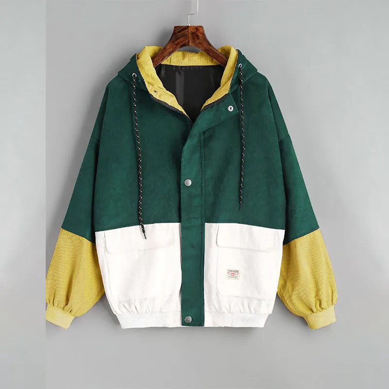 Зимняя теплая Вельветовая куртка с капюшоном и цветным блоком, на завязках, хит, цветное, с заплатками, с карманом, толстое базовое Женское пальто, Harajuku, Новинка - Цвет: dark green