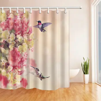 

Hummingbird and colored flowers Shower Curtain Bathroom Fabric & 12hooks