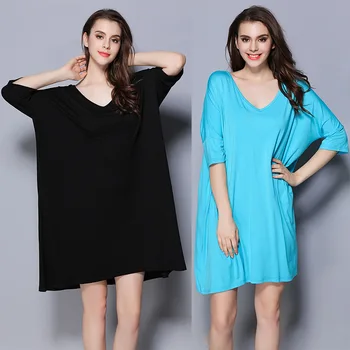 

Women Modal Sleep Dress Summer Casual Nightwear V-Neck Solid Loose Nightdress Female Sleepwear Nightgown Home Clothes Plus Size