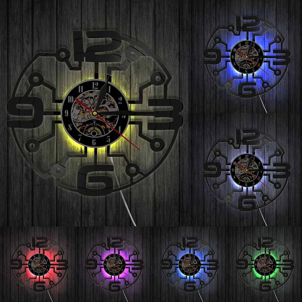 With LED Винтажные настенные часы с виниловой пластинкой и большими номерами, современное настенное искусство, футуристический домашний декор, настенные часы для гостиной, подарок на новоселье - Цвет: With LED