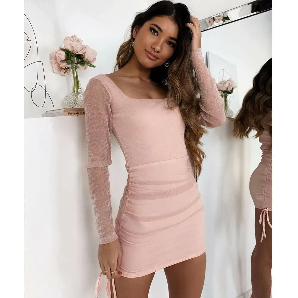 Light Pink Женское сексуальное платье с квадратным вырезом, с длинным рукавом, с блестками, тонкие вечерние Клубное облегающее платье, мини-платье - Цвет: Light Pink