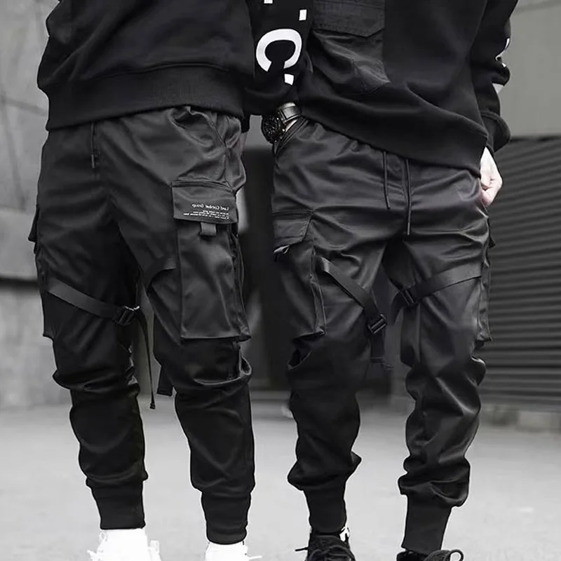 Men Cargo Pants Overalls Ribbons Harem Joggers Harajuku Sweatpant Cool Fashion Hip Hop Trousers hh88