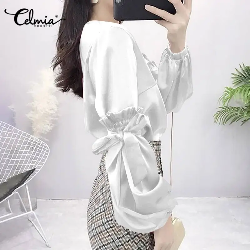  Elegant OL Solid Blouses Women Celmia Summer Lantern Sleeve Bow OL Tops Casual Sexy V-Neck Shirt La