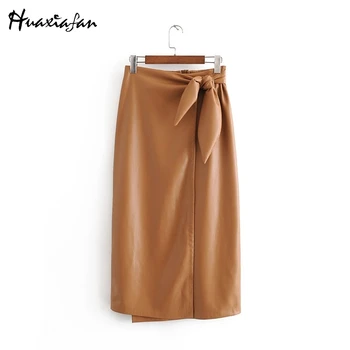 

Huaxiafan woman calf skirts 2019 spring-autumn new fashion solid asymmetrical ladies brown skirt elegant bow Soft leather skirt