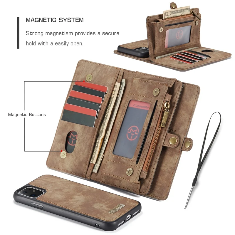 Genuine Leather Business Wallet Case for IPhone 11 Pro Max Removable Flip Phone Holder-Case-Holster- 6.1Inch Brown
