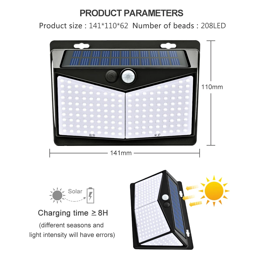 Impermeável lâmpada solar ao ar livre para decoração do jardim, luzes de rua, sensor do corpo humano, lâmpada de parede, novo, 468 LED, 3 modos, 208/138