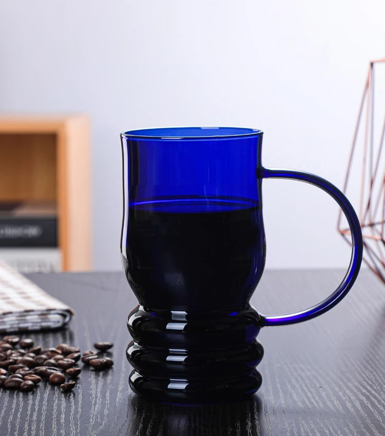 Colored Glass Coffee Cup 380ml Creative Heat-Resistant Tea Cups European Color with Handle Home Office Personality Large Water Beer Mugs in Blue