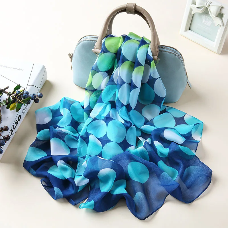 AA10347 blue Шелковые шарфы женские весна осень длинный горошек набивной шарф-Платок женский шифоновый осенне-зимний пляжный шарф Обертывания - Цвет: AA10347 blue