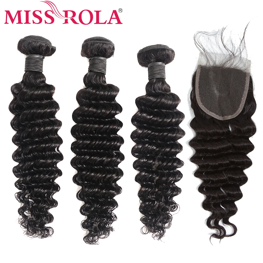 

Miss Rola Hair Brazilian Hair Deep Wave Bundles with Closure 8-26 inch Natural Color 100% Human Hair Extension Non-Remy