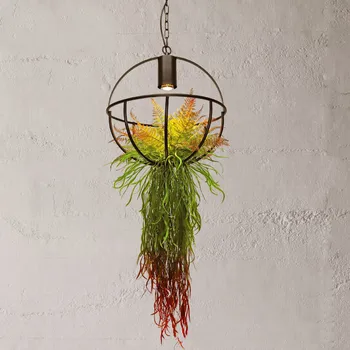 

Vintage Restaurant Decoration LED Chandelier Retro Bar Coffee Bedroom Pendant Lamp Green Artificial plants Round Loft Hanglamp
