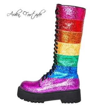 

Arden Furtado Fashion Women's Shoes Winter Cross tied Women's Boots Personality Mixed Colors rainbow Booties large size 44 45