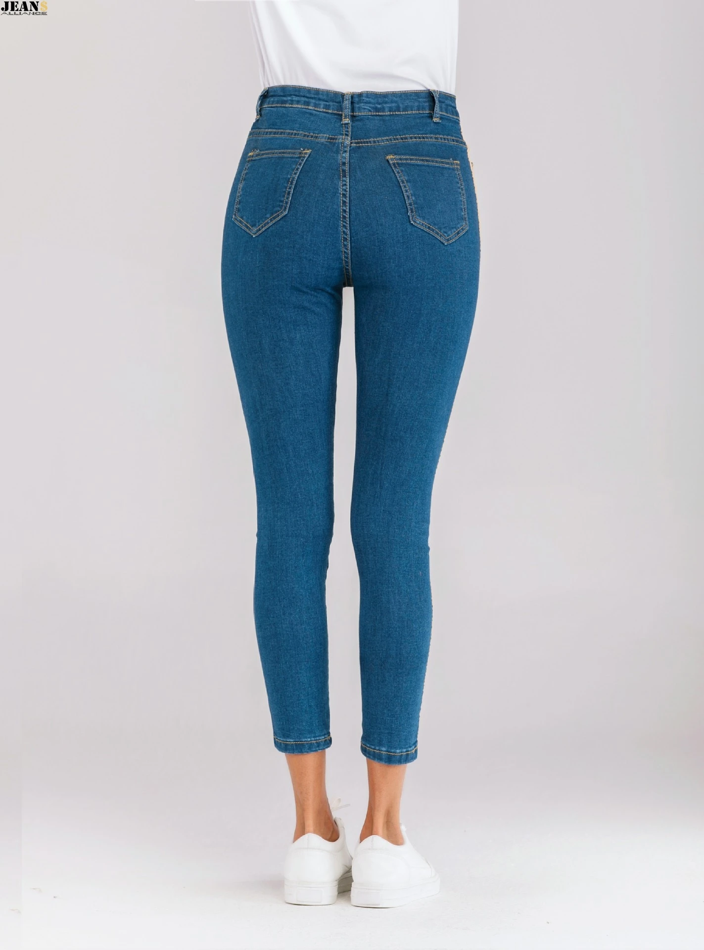 

Patchwork Skinny Sequined Jeans with Stripes for Women Denim Trouser Jeans Female Stretch Pencil Pants Side Striped Blue Jeans