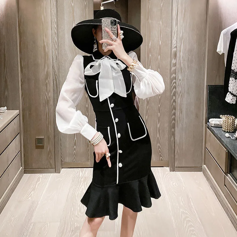 Весеннее платье новая мода 2020 женское с воротником Питер Пэн длинным рукавом и