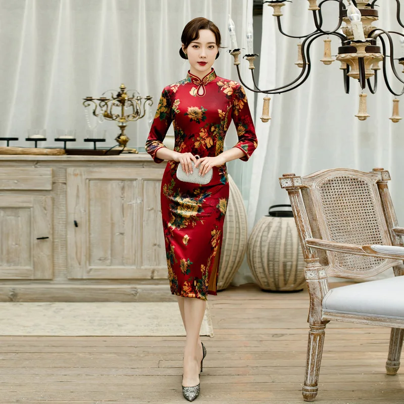 С принтом три четверти рукав cheongsam женское платье вечернее платье бархат vestidos китайское платье свадебное платье Размер M-4XL