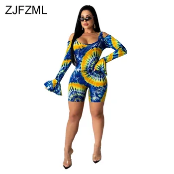 

Vintage Tie Dyeing One Piece Overalls For Women Full Flare Sleeve Backless Club Party Romper Spring Off Shoulder Short Jumpsuit