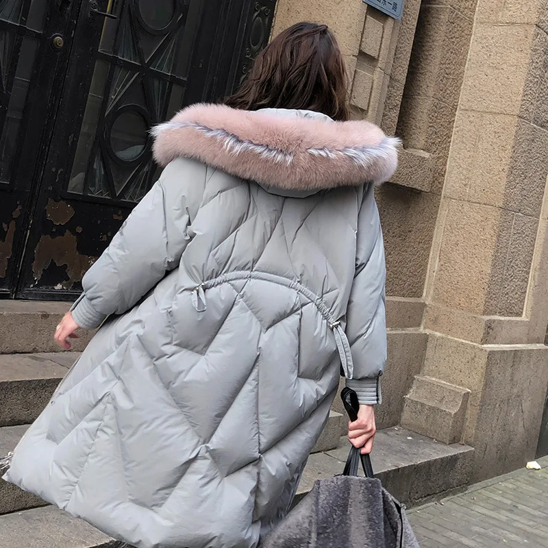 Цветной пуховик с воротником из лисьего меха, женская зимняя куртка средней длины Dongdaemun выше колена, плотное стильное пальто, новинка