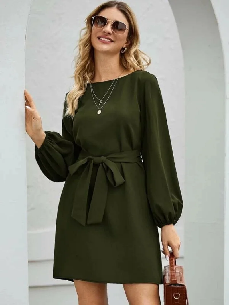 

Spring and summer women's pure color temperament commute set high waist dress female Fall women's fashion with long sleeves
