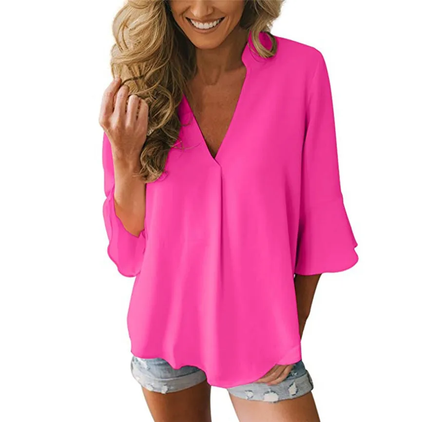 

Blouse et Chemisier Femme Womens Casual Loose Solid V Neck Peplum Sleeve Chiffon Blouse Tops Autumn Vintage Lady Shirt