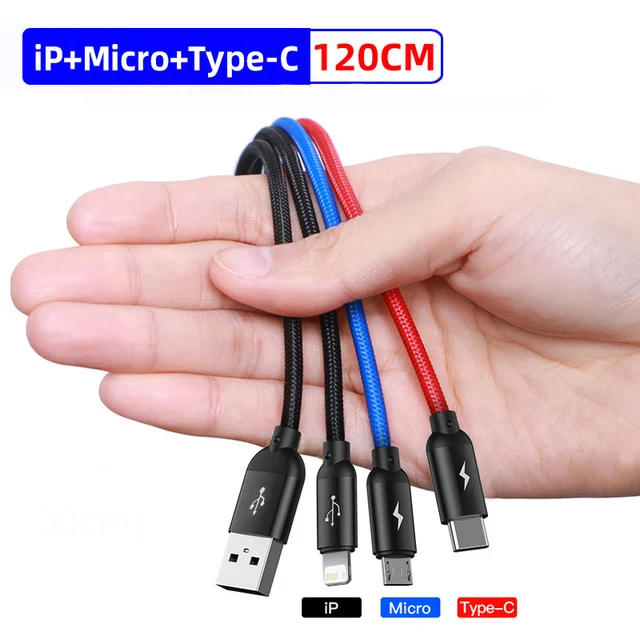 Baseus 3 in 1 USB Cable Type C Cable for Samsung S20 Xiaomi Mi 9 Cable for iPhone 12 X 11 Pro Max Huawei Charger Micro USB Cable 3 in 1 Cable 120cm