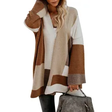 Вязаный свитер, кардиган, пальто для женщин, Осень-зима, теплый Свободный Повседневный большой размер, длинный рукав, геометрический рисунок, средней длины, женский свитер