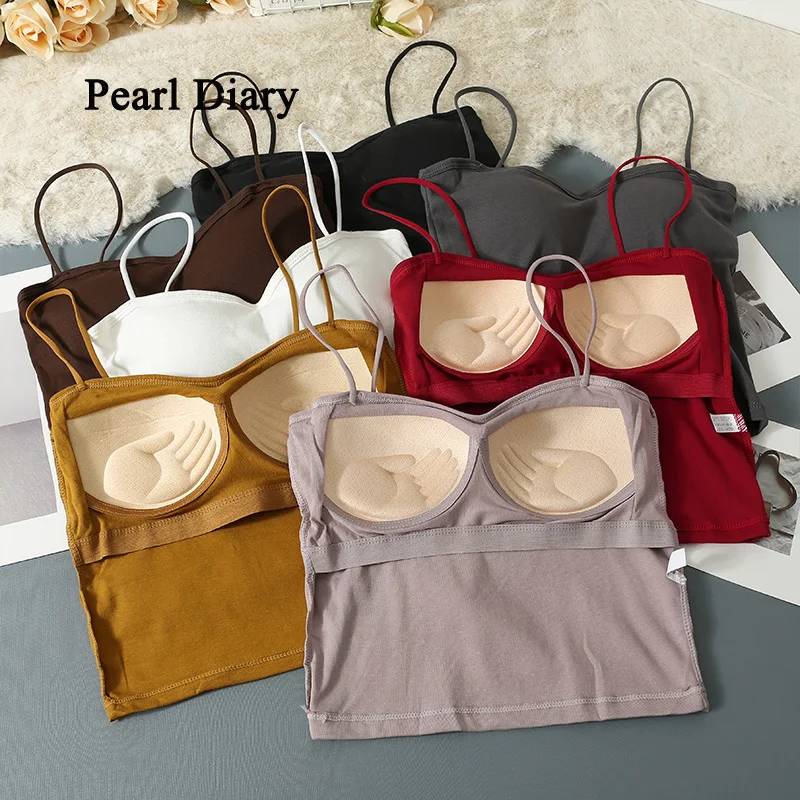 

Pearl Diary Spring Summer Show Thin Slim Basic Vest Top Women Korean Style With Breast Pad Solid Color Women's Clothes