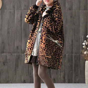 

Women Autumn Winter Faux Fur Leopard Coat Hooded Overcoat