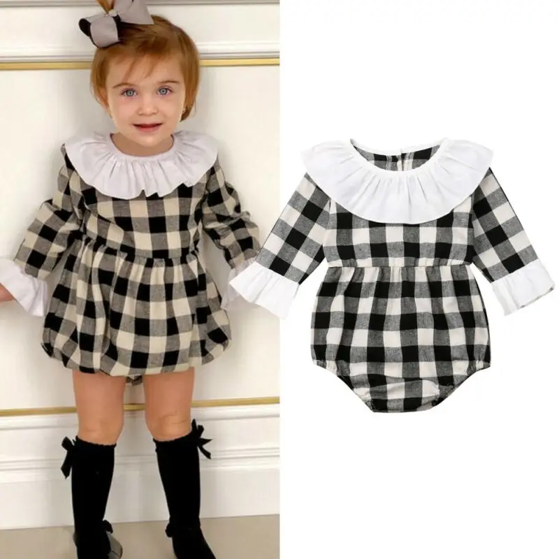 Боди с длинным рукавом для маленьких девочек 0-3 лет, клетчатый комбинезон с расклешенными рукавами, праздничный комплект одежды принцессы