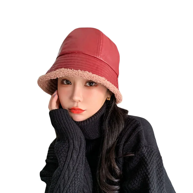 

Fashion Faux PU Leather Bucket Hat Women Winter Warm Lamb Cashmere Flat Outdoor Fishing Caps Casual Lady Panama Fisherman Hats