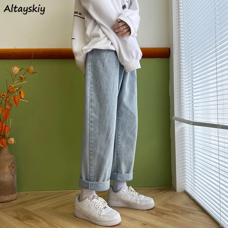 Pantalones vaqueros De estilo coreano para Mujer, Vaqueros femeninos De cintura alta Ulzzang a la Moda, color azul, sencillo, Vintage, Hipster, acogedor