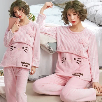 

Korean Coral Velvet Maternity Nursing Sleepwear Suit Winter Flannel Feeding Nightwear for Pregnant Women Sweet Pregnancy Pajamas
