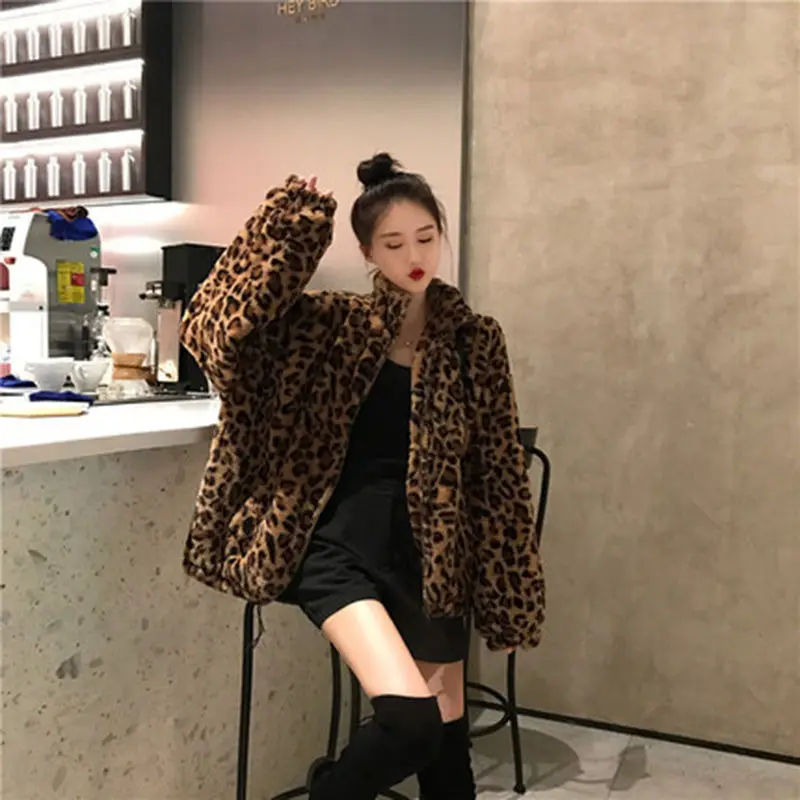 Winter Leopard Print Jacket Women's Stand collar Warm Parkas Outwear 2024 New Autumn Winter Korean Female Loose Faux Fur Coats 5