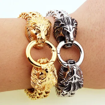 

Granny Chic Fashion cool men double lion head Chinese style bracelet street beat stainless steel punk bracelet men jewelry