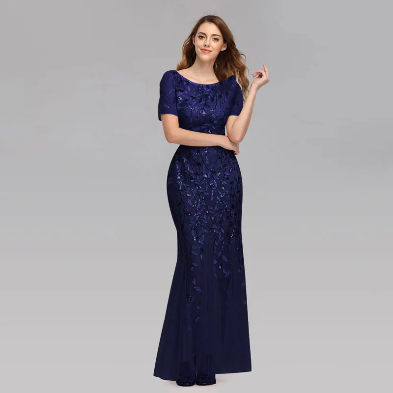 navy blue Beauty Emily O Neck Sequins Long Appliques Evening Dresses Short Sleeve Tiered Hems Prom Gowns Pleated Vestido de noche - Цвет: navy blue