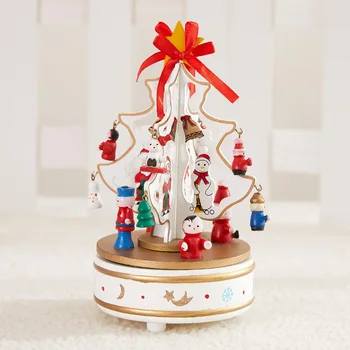 

Wooden Music Box Holiday Gift Christmas Decor Xmas Tree Shape Rotate Musical Box for Birthday Wedding JS22